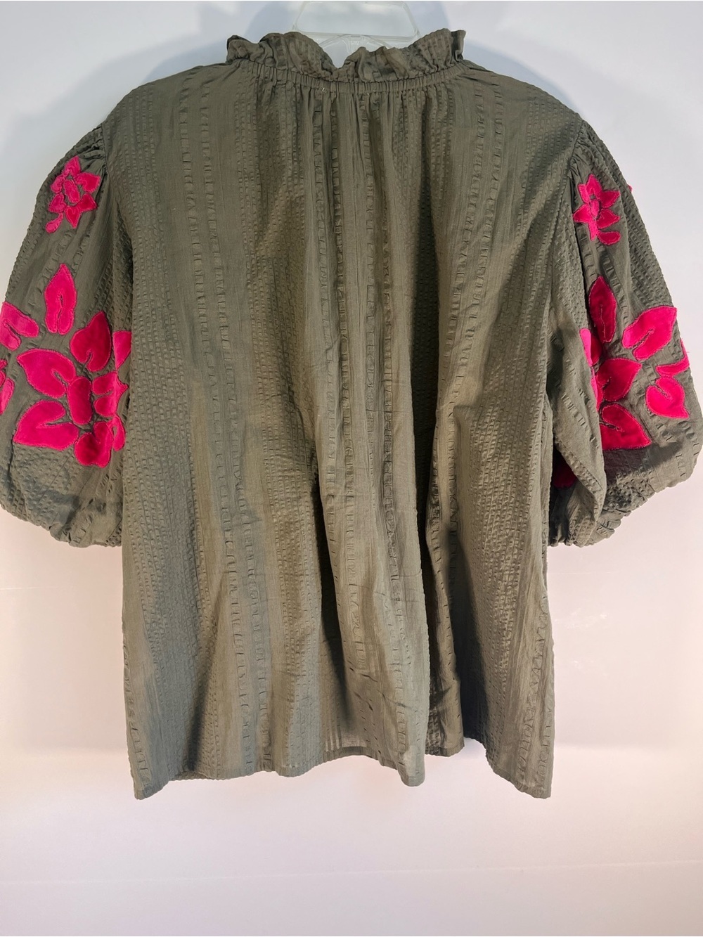 THML Olive Puff Sleeve Blouse with Pink Floral Appliqué W L Babydoll Cotton - Picture 5 of 9